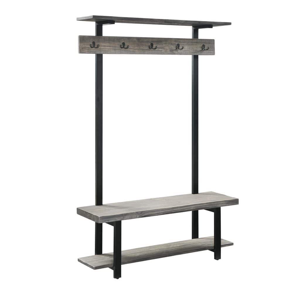 Pomona Slate Gray Wood Entryway Hall Tree with Bench, Shelves and Coat Hook