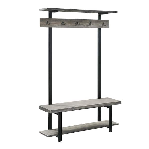Alaterre Furniture Pomona Slate Gray Wood Entryway Hall Tree with Bench, Shelves and Coat Hooks