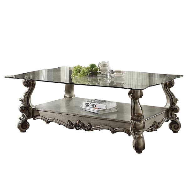 Acme Furniture Versailles 56 in. Antique Platinum Rectangle Glass Coffee Table with No Additional Features