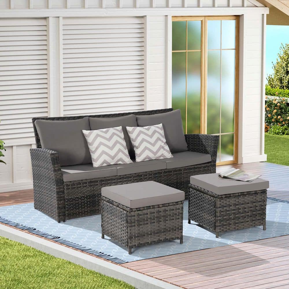 3-Piece Metal Patio Conversation Set with Gray Cushions, Outdoor Rattan Pat