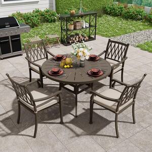 48 in. W Brown Cast Aluminum Round Outdoor Patio Dining Table with Retro Table Top Umbrella Hole for Yard