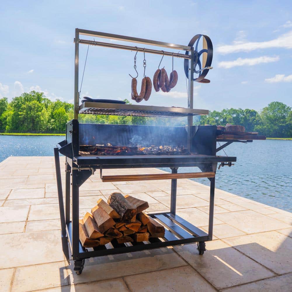 Argentine Black Steel BBQ Grill with Acacia Wood Side Table