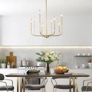 Linear Gold Staggered Candlestick Island Chandelier, 8-Light Vintage Hanging Pendant Lamp for Kitchen Dining Living Room