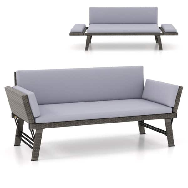 3 Seat Rattan Wicker Outdoor Couch with Gray Cushions & Adjustable Armrests for Balcony Patio Lounge Sofa Day Bed