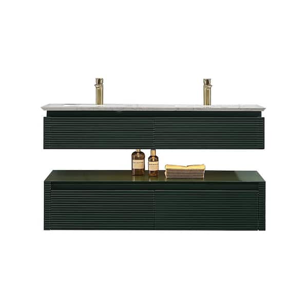 Wilton 48 in. W x 20.8 in. D x 19.6 in. H Floating Bathroom Vanity Set in Green with White Double Undermount Basins