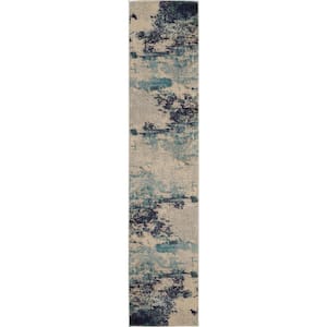 Celestial Ivory/Teal Blue 2 ft. x 10 ft. Abstract Modern Kitchen Runner Area Rug
