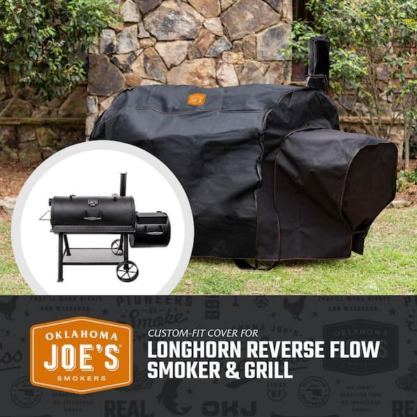 Custom-Fit Rip-Stop Longhorn Reverse Flow Offset Charcoal Smoker and Grill Cover in Black