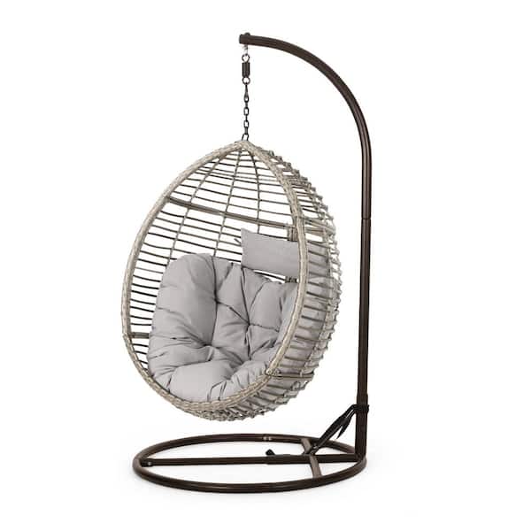 Noble House Black Steel Egg-Shaped Outdoor Patio Swing with Gray Cushion