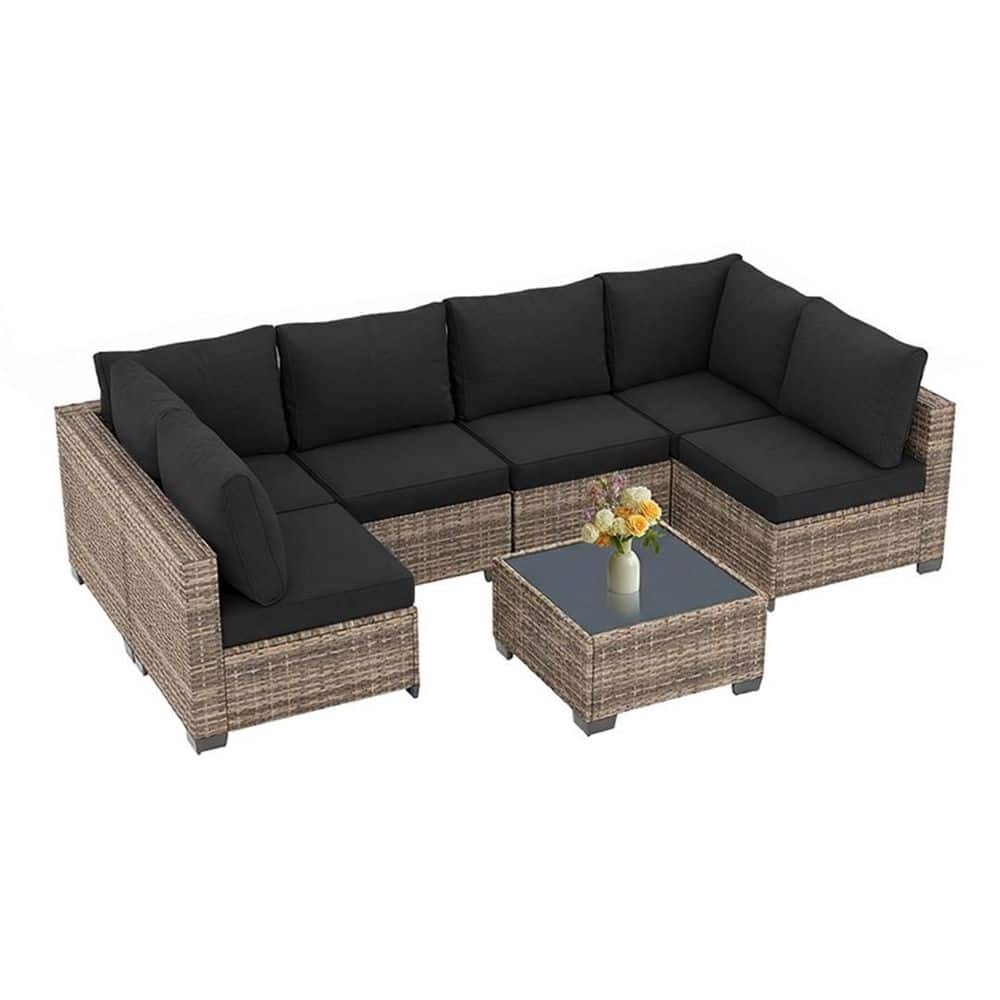 7-Piece Brown Wicker Outdoor Sofa Sectional Set Patio Conversation Set with Black Cushions, Table price history on PriceWatchPro