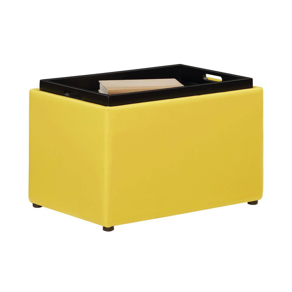 Modern Yellow Faux Leather Accent Storage Ottoman with Reversible Tray