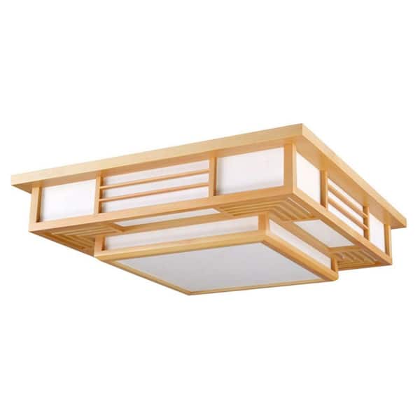 17.72 in. Wood and White Japanese Style Square Flush Mount Ceiling Light with 3-Color Integrated LED Light