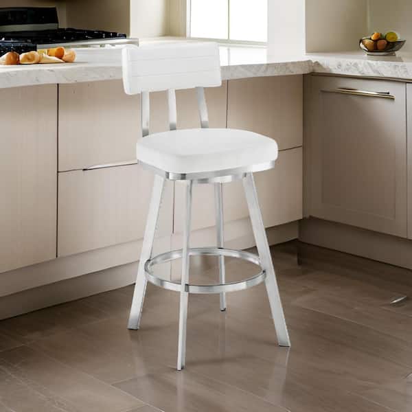 Benjara 26 in. White and Chrome Low Back Metal Frame Bar Stool with Faux Leather Seat