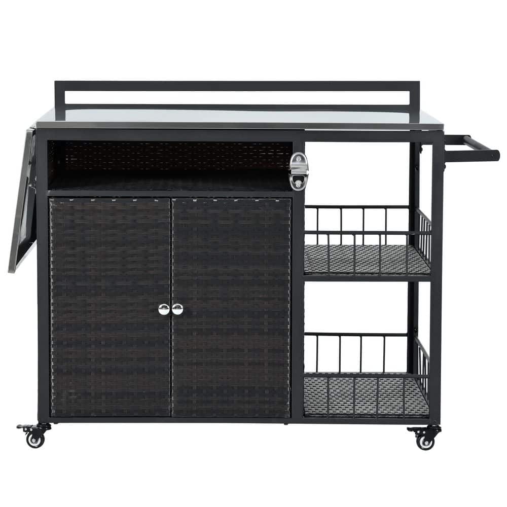63.9 in. Iron Dark Brown Outdoor Storage Cabinet Grill Cart with Foldable S
