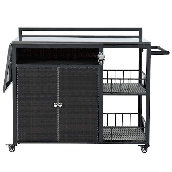 63.9 in. Iron Dark Brown Outdoor Storage Cabinet Grill Cart with Foldable Side Tabletop, Bottle Opener, Shelves, Wheels