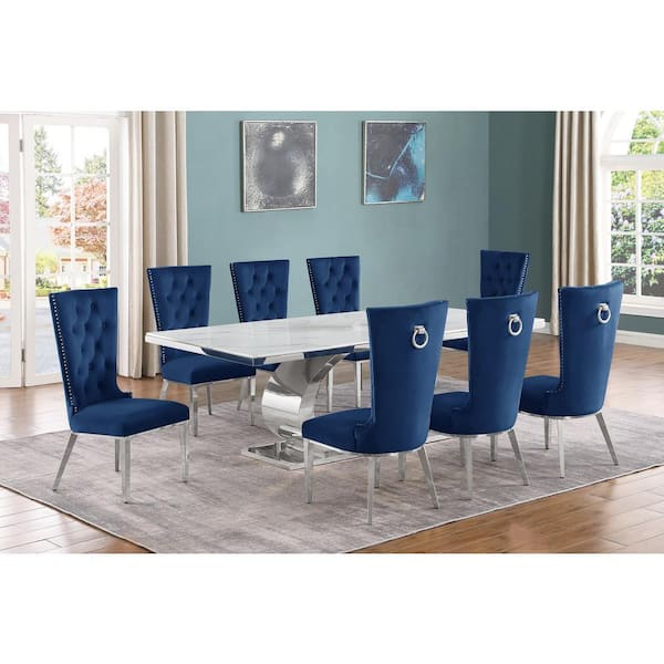 Best Quality Furniture Ibraim 9-Piece Rectangle White Marble Top with Stainless Steel Base Dining Set with 8 Navy Blue Velvet Fabric Chairs
