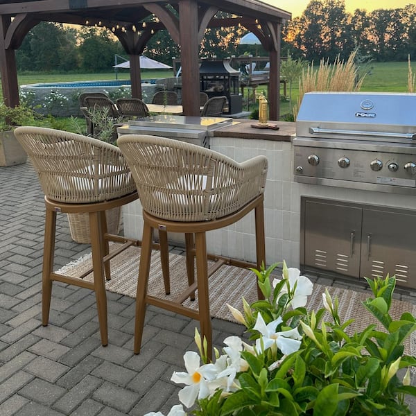 Modern Aluminum Rattan Bar Height Outdoor Bar Stool with Back and Beige Cushion (2-Pack)