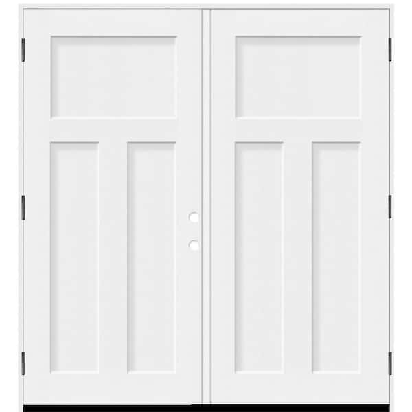 Legacy 64 in. x 80 in. 3 Panel Craftsman RHOS Unfinished White Fiberglass Double Prehung Front Door with 4-9/16 Jamb