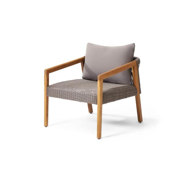 Noble House Oneida Teak Wood and Gray Wicker Outdoor Patio Club Chair with Gray Cushions