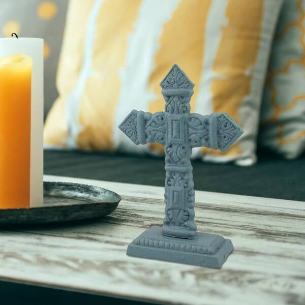Stonebriar Collection 5 in. x 7 in. Pale Ocean Cast Iron Pedestal Cross