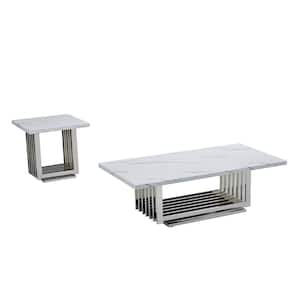 Magda 55 in. White Rectangle Marble Top Coffee Table Set with Stainless Steel Base 2 Pieces