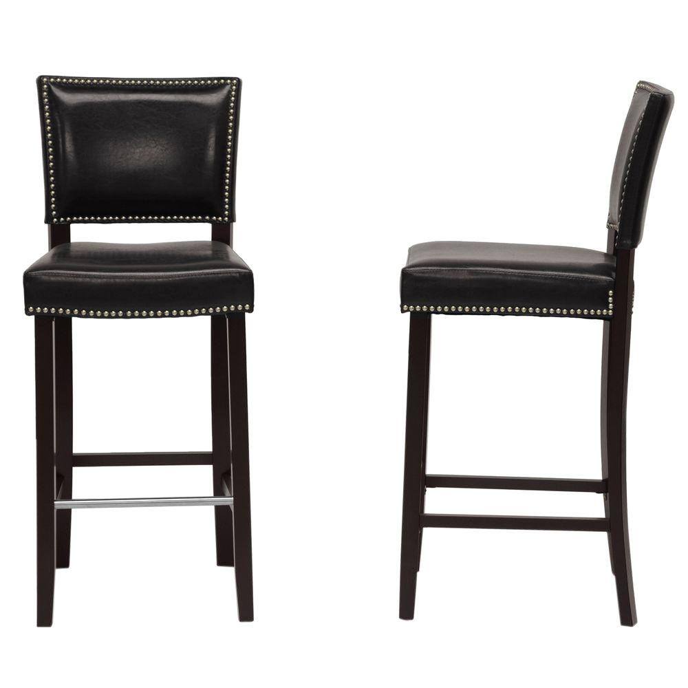 Aries Black Faux Leather Modern Barstool with Silver Nailhead Trim - Set of 2