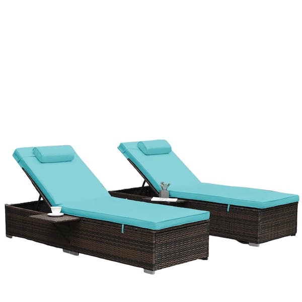 Otryad Set of 2 Wicker Outdoor Chaise Lounge with Elegant Reclining Adjustable Backrest and Removable Cushions -Brown+Blue