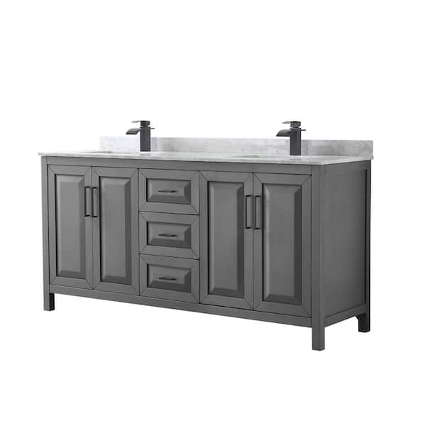 Wyndham Collection Daria 72 in. W x 22 in. D x 35.75 in. H Double Bath Vanity in Dark Gray with White Carrara Marble Top