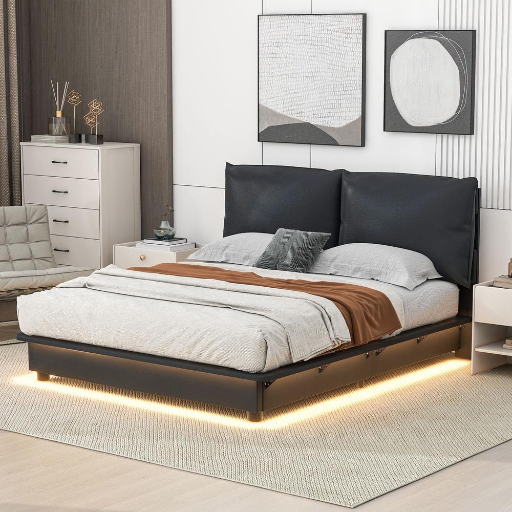 Black Wood Frame Queen Size Upholstered Platform Bed with Sensor Light and Ergonomic Design Backrests Headboard -  Harper & Bright Designs, NT058AAB-Q