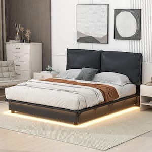 Black Wood Frame Queen Size Upholstered Platform Bed with Sensor Light and Ergonomic Design Backrests Headboard