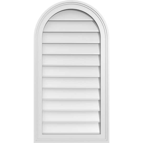 Ekena Millwork 18 in. x 34 in. Round Top Surface Mount PVC Gable Vent: Decorative with Brickmould Frame