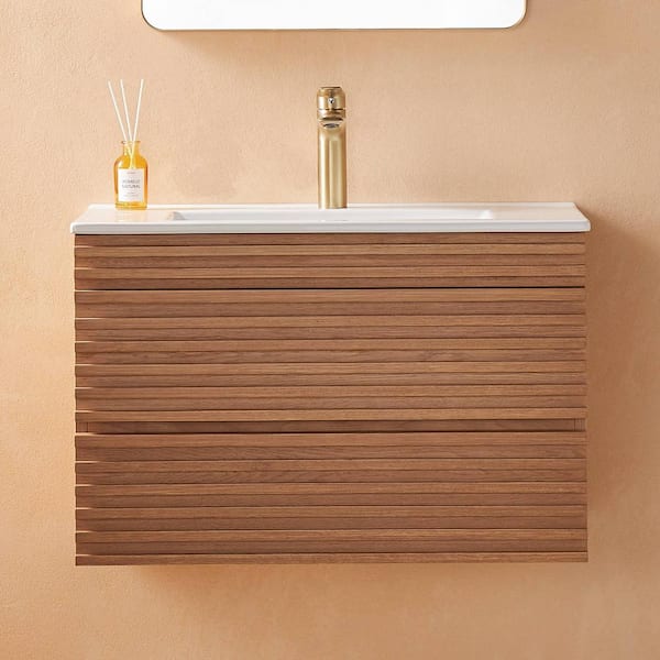 30 in. Single Sink Floating Walnut Bath Vanity with White Ceramic Top (Assembled), 2 Deep Drawers, Soft-close Sliders