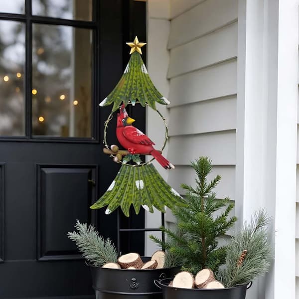 31 in. Green Metal Christmas Tree Decorations Cardinal Garden
