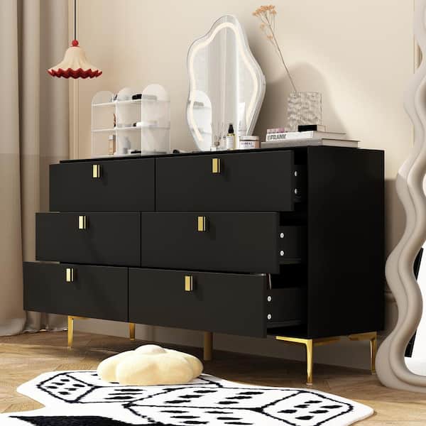 FUFU&GAGA 6-Drawer Black Wooden Chest of Drawers Dresser FUFU&GAGA 6-Drawer Black Wooden Chest of Drawers Dresser