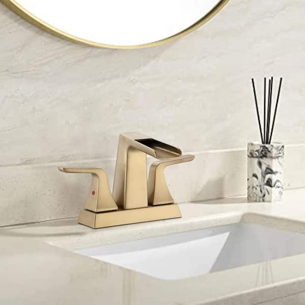 Unbranded 2-Handle 4 in. Centerset Waterfall Bathroom Sink Brass Faucet, Adjustable Water Volume and Temperature in Brushed Gold