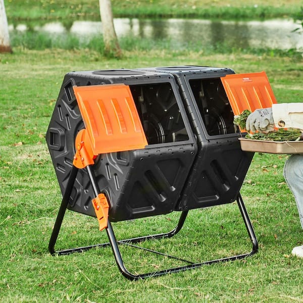 Compost Bin 37-Gal Dual Chamber Composting Tumbler with 2 Sliding Door and Steel Frame BPA Free Composter Bin Tumbler