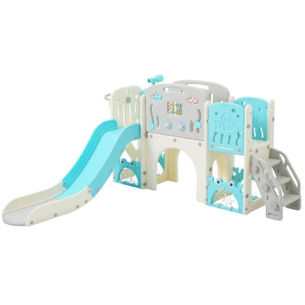 Unbranded Blue 11-in-1 Indoor, Outdoor Kids Slide Playset Structure with Basketball Hoop, Arch Tunnel and Telescope