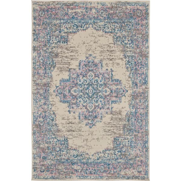 Nourison Grafix Ivory/Pink 3 ft. x 5 ft. Persian Medallion Transitional Kitchen Area Rug