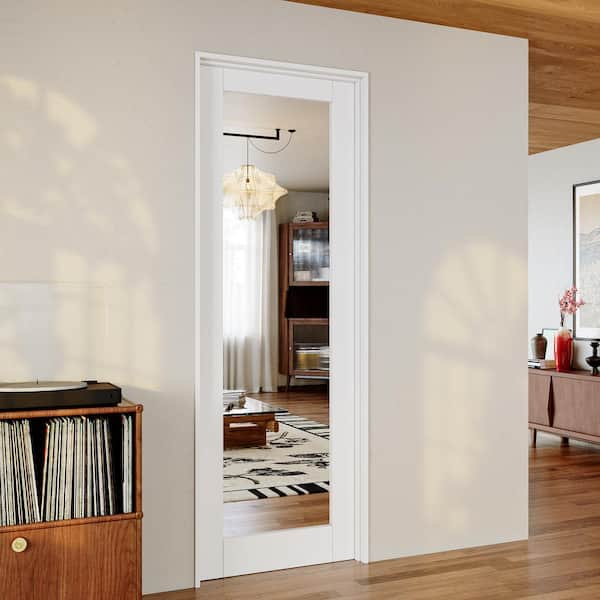 18 in. x 80 in. 1-Lite Mirrored Glass White Solid Core Manufacture Wood White Primed Wood Interior Door Slab