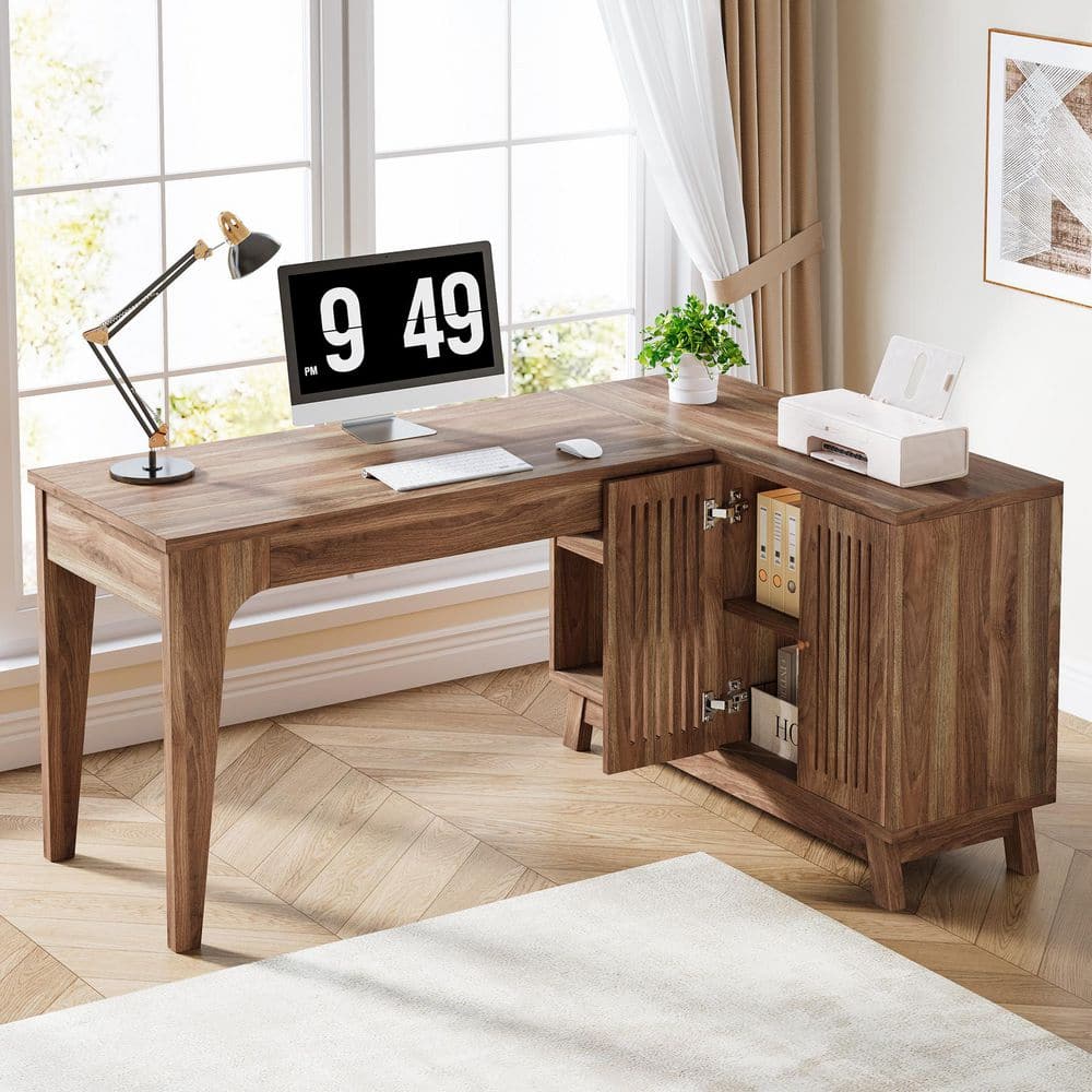 BYBLIGHT Moronia 57 in. Walnut Wood L-Shaped Desk, Computer Desk