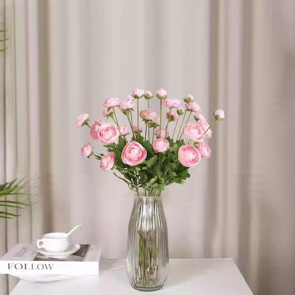8-Piece 23 in. Pink Ranunculus Artificial Silk Flowers HAHD573