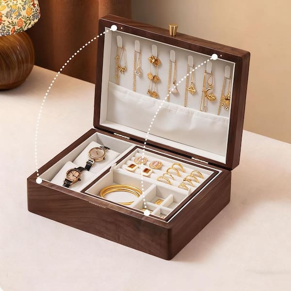 2 Layer Brown Rectangular Wood Jewelry Box with 5-Drawer