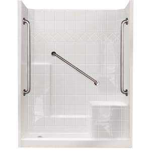 Liberty 60 in. x 33 in. x 77 in. Low Threshold 3-Piece Shower Kit in White with Right Seat, 3 Grab Bars, Left Drain