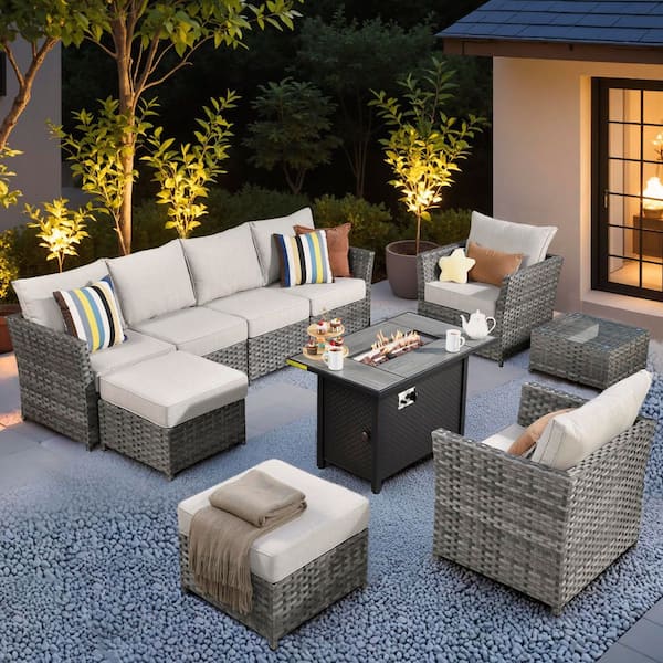 Toject Eufaula Gray 10-Piece Wicker Modern Outdoor Patio Conversation Sofa Set with a Steel Fire Pit and Coarse Beige Cushions
