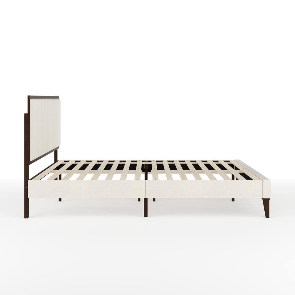 Queen Dark Brown and Beige Upholstered Wood Platform Bed