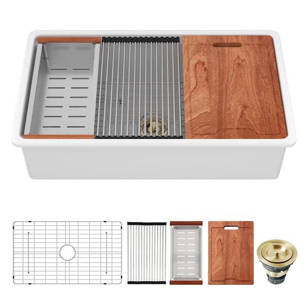 33 in. Undermount Single Bowl White Porcelain Ceramic Workstation Kitchen Sink with Bottom Grid and Strainer