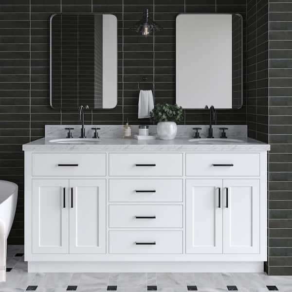 ARIEL Hepburn 67 in. W x 22 in. D x 36 in. H Freestanding Bath Vanity in White with Carrara White Marble Top and Double Sink