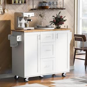White Wood 51 in. Kitchen Island with 3-Drawer, 2-Slide-Out Shelf, towel rack, spice rack adjustable shelves wood feet