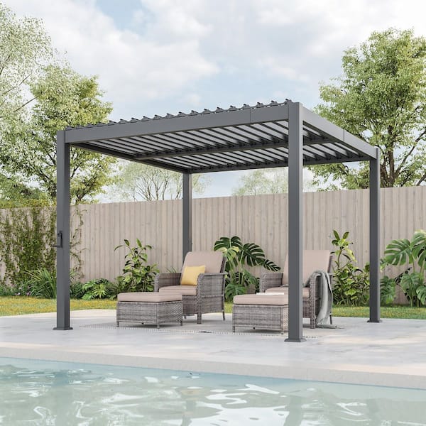 Sereno Series 10 ft. x 10 ft. All-Aluminum Pergola Louvered Pergola with Adjustable Roof, Grey