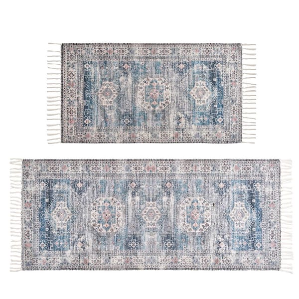 Chinille Fringe Machine Washable Blue 2 ft. x 9 ft. Medallion 2-Piece Area Rug Set