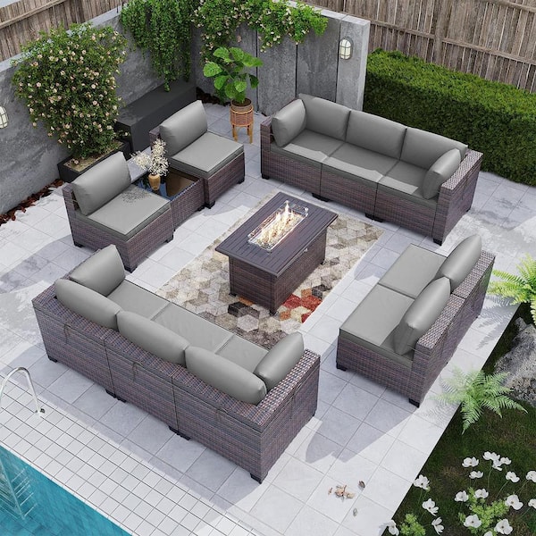 Halmuz 12-Piece Wicker Patio Conversation Set with 55000 BTU Gas Fire ...